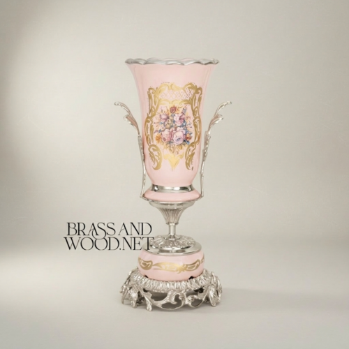 Rococo Trumpet Vase Blush Pink Ceramic Hand-Painted Floral Ornate Metal Base Brass and Wood Silver Front | Brass & Wood
