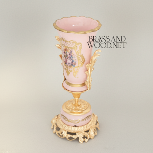 Rococo Trumpet Vase Blush Pink Ceramic Hand-Painted Floral Ornate Metal Base Brass and Wood Gold Front | Brass & Wood