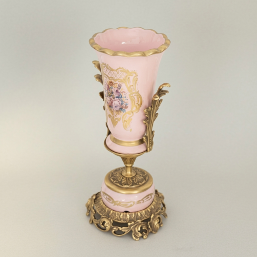 Rococo Trumpet Vase Blush Pink Ceramic Hand-Painted Floral Ornate Metal Base Brass and Wood Antique Gold Front | Brass & Wood