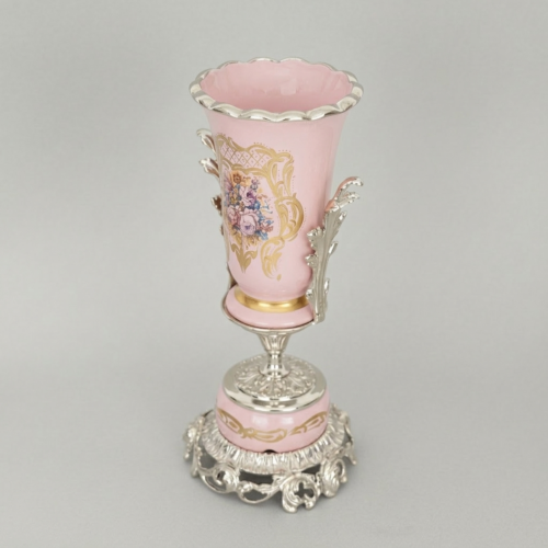 Rococo Trumpet Vase Blush Pink Ceramic Hand-Painted Floral Ornate Metal Base Brass and Wood Silver Front | Brass & Wood