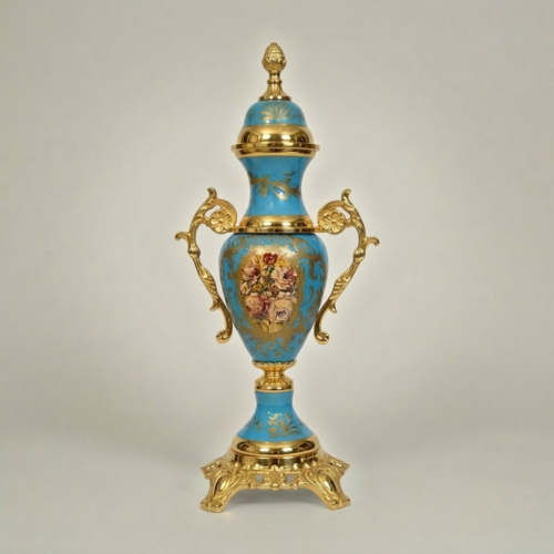 Rococo Turquoise Ceramic Lidded Urn Vase Hand-Painted Floral Medallion Brass Mounts Brass and Wood Gold Side | Brass & Wood