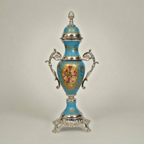 Rococo Turquoise Ceramic Lidded Urn Vase Hand-Painted Floral Medallion Brass Mounts Brass and Wood Silver Side | Brass & Wood
