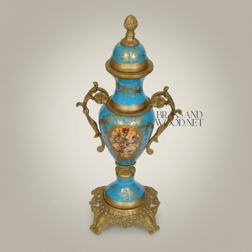 Rococo Turquoise Ceramic Lidded Urn Vase Hand-Painted Floral Medallion Brass Mounts Brass and Wood Antique Gold Front | Brass & Wood