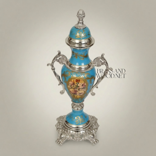 Rococo Turquoise Ceramic Lidded Urn Vase Hand-Painted Floral Medallion Brass Mounts Brass and Wood Silver Side | Brass & Wood