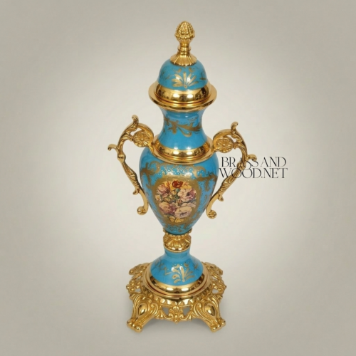 Rococo Turquoise Ceramic Lidded Urn Vase Hand-Painted Floral Medallion Brass Mounts Brass and Wood Gold Front | Brass & Wood