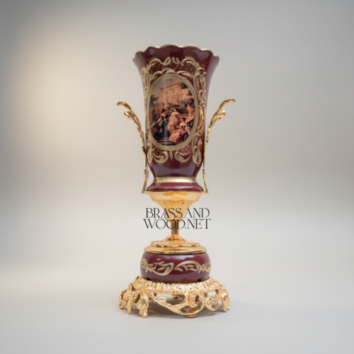 Rococo Hand-Painted Wine Ceramic Vase Gilt Brass Acanthus Mounts Scenic Cartouche Brass and Wood Gold Front | Brass & Wood