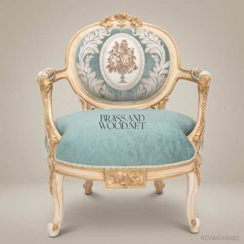Louis XV Salon Armchair with Damask Backrest & Ivory Gilt Frame 01