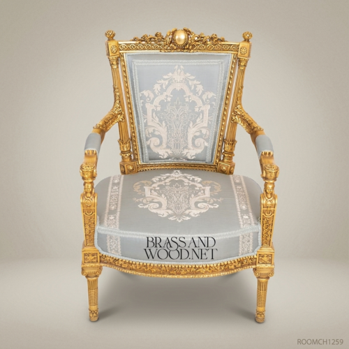Louis XVI Gilded Salon Armchair with Damask Upholstery by Brass & Wood