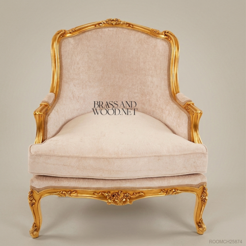 Louis XV Bergère Salon Chair – Gilded Frame & Champagne Velvet 01