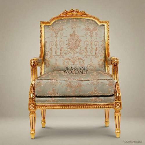 Louis XVI Gilded Salon Armchair – Brass & Wood