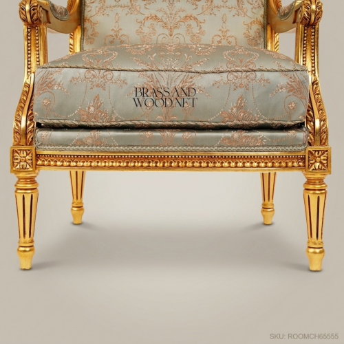 Louis XVI Gilded Salon Armchair – Brass & Wood