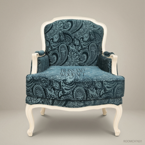 Louis XV Bergère salon chair – teal paisley, ivory lacquer frame