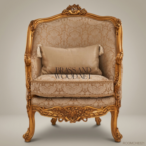 Louis XV Bergère Salon Chair – Gilded Wood & Damask Upholstery 01