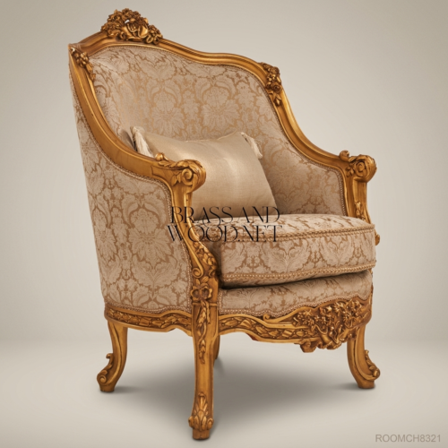 Louis XV Bergère Salon Chair – Gilded Wood & Damask Upholstery 01