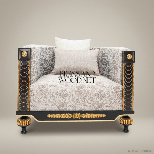 Empire Salon Armchair with Gilt Wood Frame & Damask Upholstery 01