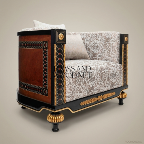 Empire Salon Armchair with Gilt Wood Frame & Damask Upholstery 01