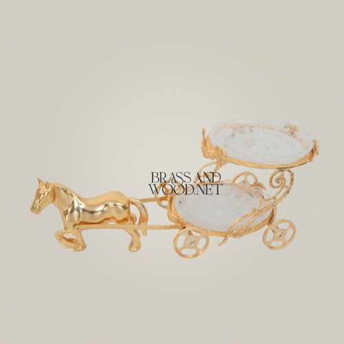 Handcrafted Royal Horse-Drawn Carriage Two-Tier Brass Crystal Candy Chocolate Display Stand Gold Front | Brass & Wood
