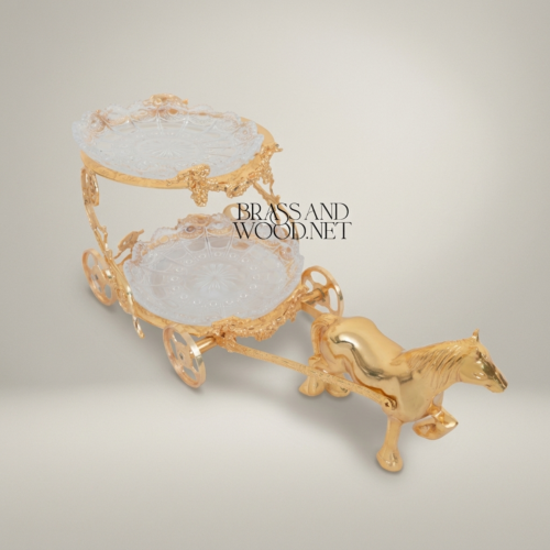 Handcrafted Royal Horse-Drawn Carriage Two-Tier Brass Crystal Candy Chocolate Display Stand Gold Front | Brass & Wood