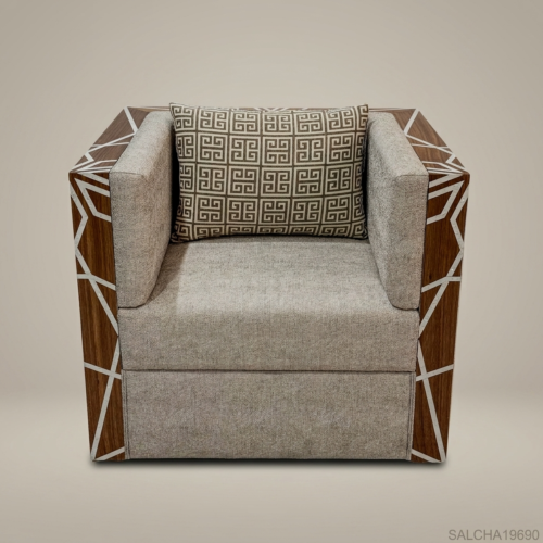 Contemporary Geometric Hardwood & Linen Salon Armchair 01