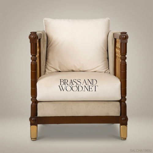 Neoclassical Salon Armchair with Gilded Lattice Panels – Brass & Wood