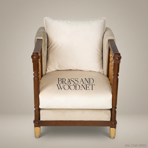 Neoclassical Salon Armchair with Gilded Lattice Panels – Brass & Wood