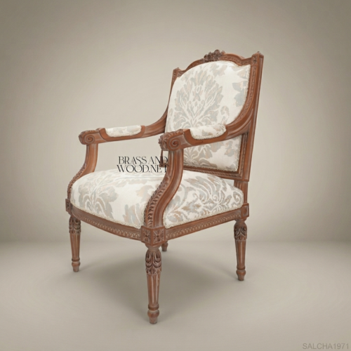 Louis XVI Carved Armchair – Brass & Wood