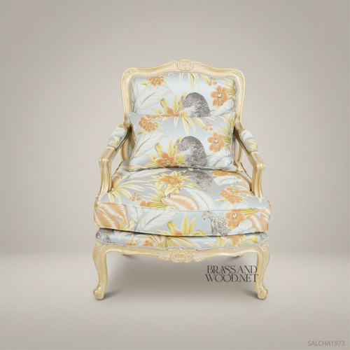 Louis XV Bergère Salon Chair – Tropical Floral Fabric & Ivory Lacquer Frame 01