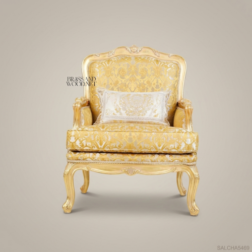Louis XV Bergère Salon Chair – Gold Damask & Gilt Wood Frame by Brass & Wood