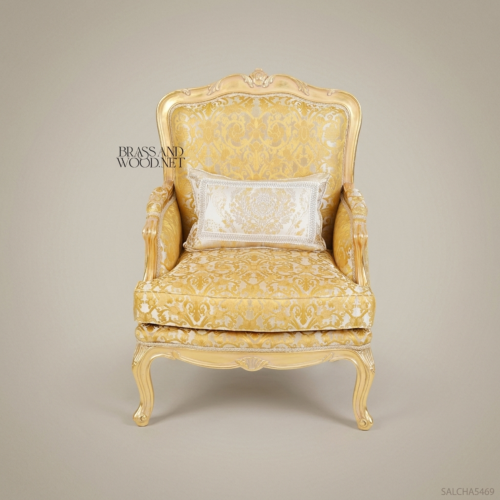 Louis XV Bergère Salon Chair – Gold Damask & Gilt Wood Frame by Brass & Wood