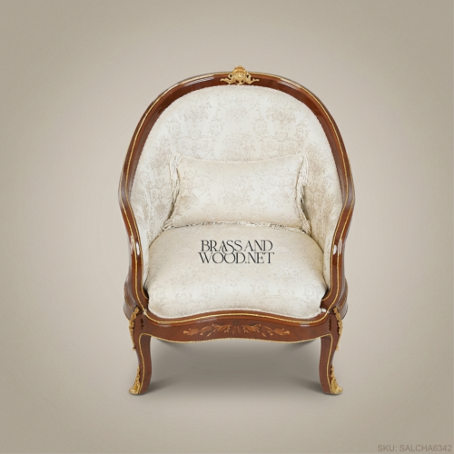 Louis XV Barrel Chair with Damask Upholstery & Gilt Wood Accents 01