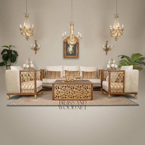 Arabesque Heritage Salon Set — Carved Wood & Gilt Brass Lattice 01