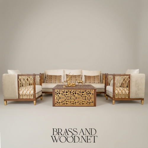 Arabesque Heritage Salon Set — Carved Wood & Gilt Brass Lattice 01