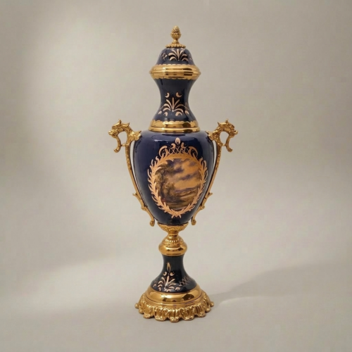 Sèvres-Style Cobalt Ceramic & Brass Garniture Set - Hand-Painted Landscape Medallions