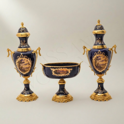 Sèvres-Style Cobalt Ceramic & Brass Garniture Set - Hand-Painted Landscape Medallions