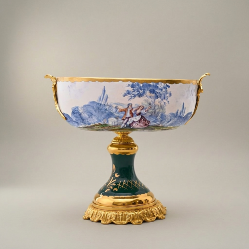 Sèvres-Style Ceramic & Brass Vase Set - Galant Scene Teal & White Hand-Painted Urn with Centrepiece