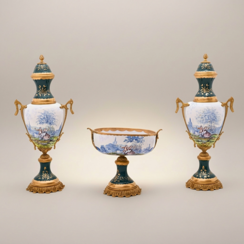 Sèvres-Style Ceramic & Brass Vase Set - Galant Scene Teal & White Hand-Painted Urn with Centrepiece