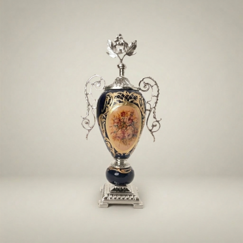Sèvres-Style Cobalt Blue Ceramic Lidded Urn Vase with Floral Medallion and Scrolled Brass Handles on Gilded Base - Brass & Wood Silver Front | Brass & Wood