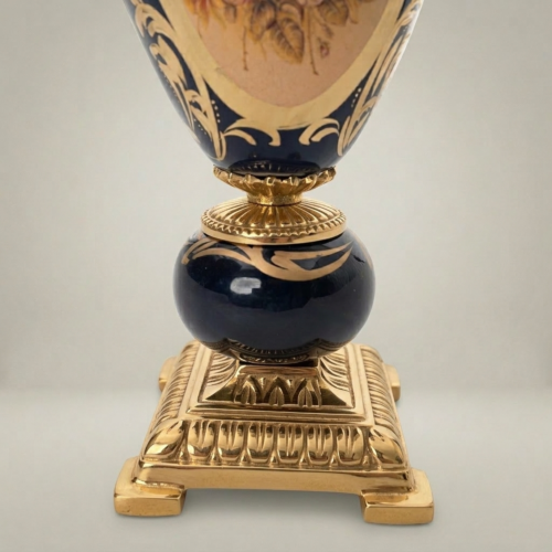 Sèvres-Style Cobalt Blue Ceramic Lidded Urn Vase with Floral Medallion and Scrolled Brass Handles on Gilded Base - Brass & Wood Gold Front | Brass & Wood