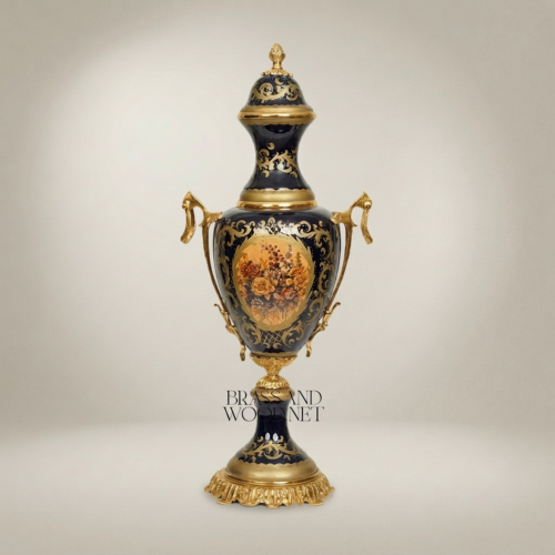 Sèvres-Style Cobalt Ceramic Covered Urn Vase Hand-Painted Floral Medallion Brass Mounts Brass and Wood Gold Front | Brass & Wood