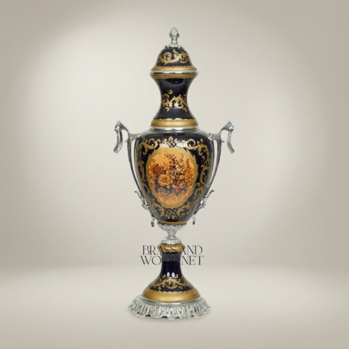 Sèvres-Style Cobalt Ceramic Covered Urn Vase Hand-Painted Floral Medallion Brass Mounts Brass and Wood Silver Front | Brass & Wood