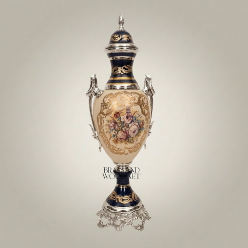 Sèvres-Style Cobalt Ceramic Lidded Urn Vase with Brass Mounts and Hand-Painted Floral Cartouche - Brass and Wood Silver Front | Brass & Wood