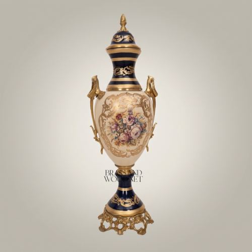 Sèvres-Style Cobalt Ceramic Lidded Urn Vase with Brass Mounts and Hand-Painted Floral Cartouche - Brass and Wood Antique Gold Front | Brass & Wood