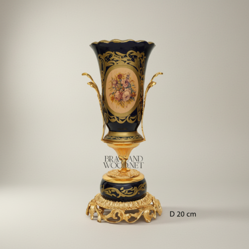 Sèvres-Style Cobalt Ceramic Trophy Vase Gilt Brass Acanthus Mounts Floral Medallion Brass and Wood Gold Front | Brass & Wood