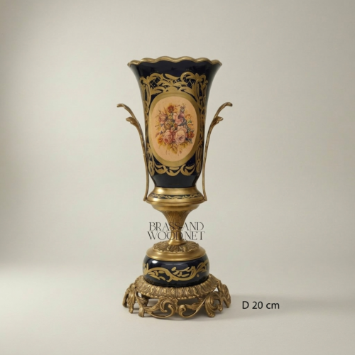 Sèvres-Style Cobalt Ceramic Trophy Vase Gilt Brass Acanthus Mounts Floral Medallion Brass and Wood Antique Gold Front | Brass & Wood