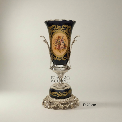 Sèvres-Style Cobalt Ceramic Trophy Vase Gilt Brass Acanthus Mounts Floral Medallion Brass and Wood Silver Front | Brass & Wood