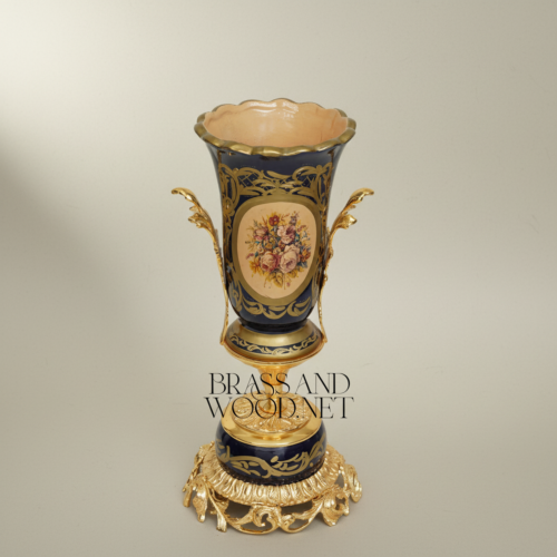 Sèvres-Style Cobalt Ceramic Trophy Vase Gilt Brass Acanthus Mounts Floral Medallion Brass and Wood Gold Front | Brass & Wood