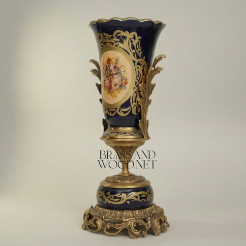 Sèvres-Style Cobalt Ceramic Trophy Vase Gilt Brass Acanthus Mounts Floral Medallion Brass and Wood Antique Gold Front | Brass & Wood