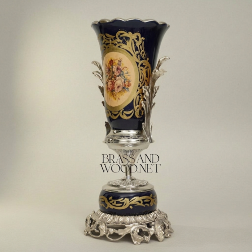 Sèvres-Style Cobalt Ceramic Trophy Vase Gilt Brass Acanthus Mounts Floral Medallion Brass and Wood Silver Front | Brass & Wood