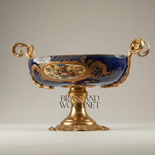 Sèvres-Style Cobalt Porcelain and Brass Garniture Three-Piece Set with Hand-Painted Floral Cartouches and Gilt Scroll Mounts – Brass and Wood Gold Front | Brass & Wood