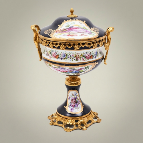 Sèvres-Style Cobalt Porcelain and Brass Three-Piece Garniture Set Hand-Painted Floral Gold Front | Brass & Wood